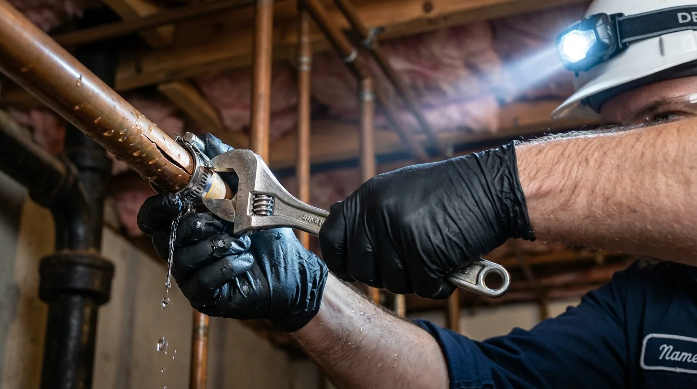 Emergency pipe clamp repair being performed by a Johns Plumbing LLC plumber in Spartanburg