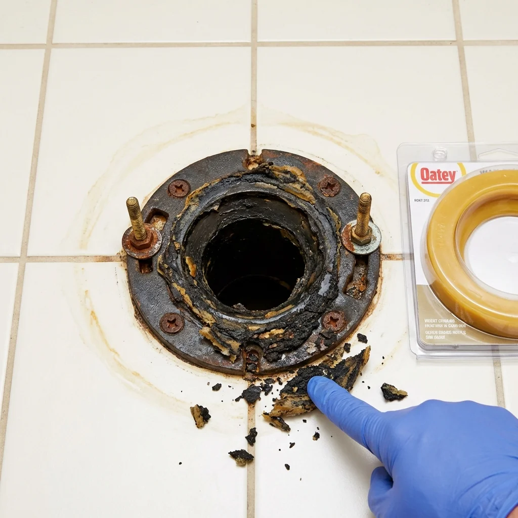 Failed wax ring showing water seepage at the base of a toilet in a Spartanburg, SC home