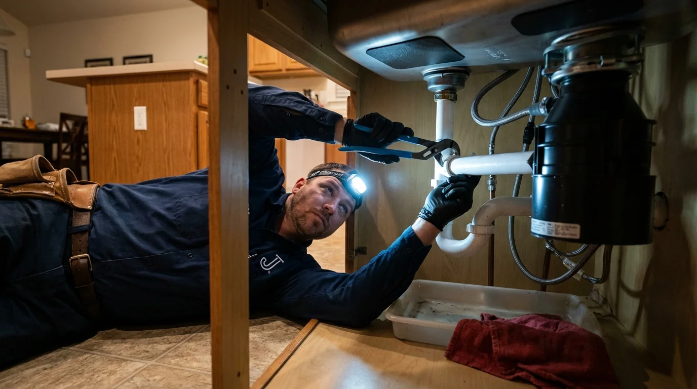 P-trap and supply line connections under a kitchen sink showing a common leak point in Spartanburg, SC